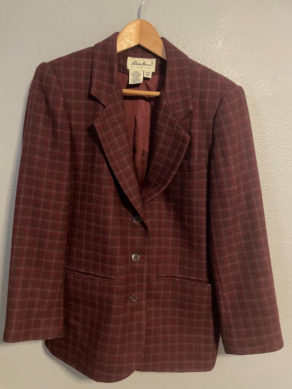 Vintage Eddie Bauer Blazer Womens Petite Small Red Wool Plaid Career Jacket 90s - Picture 1 of 8